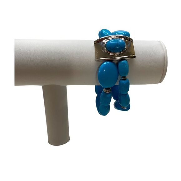 Faux Turquoise & Bright Silver Toned Stretch  Bracelet - Picture 2 of 7